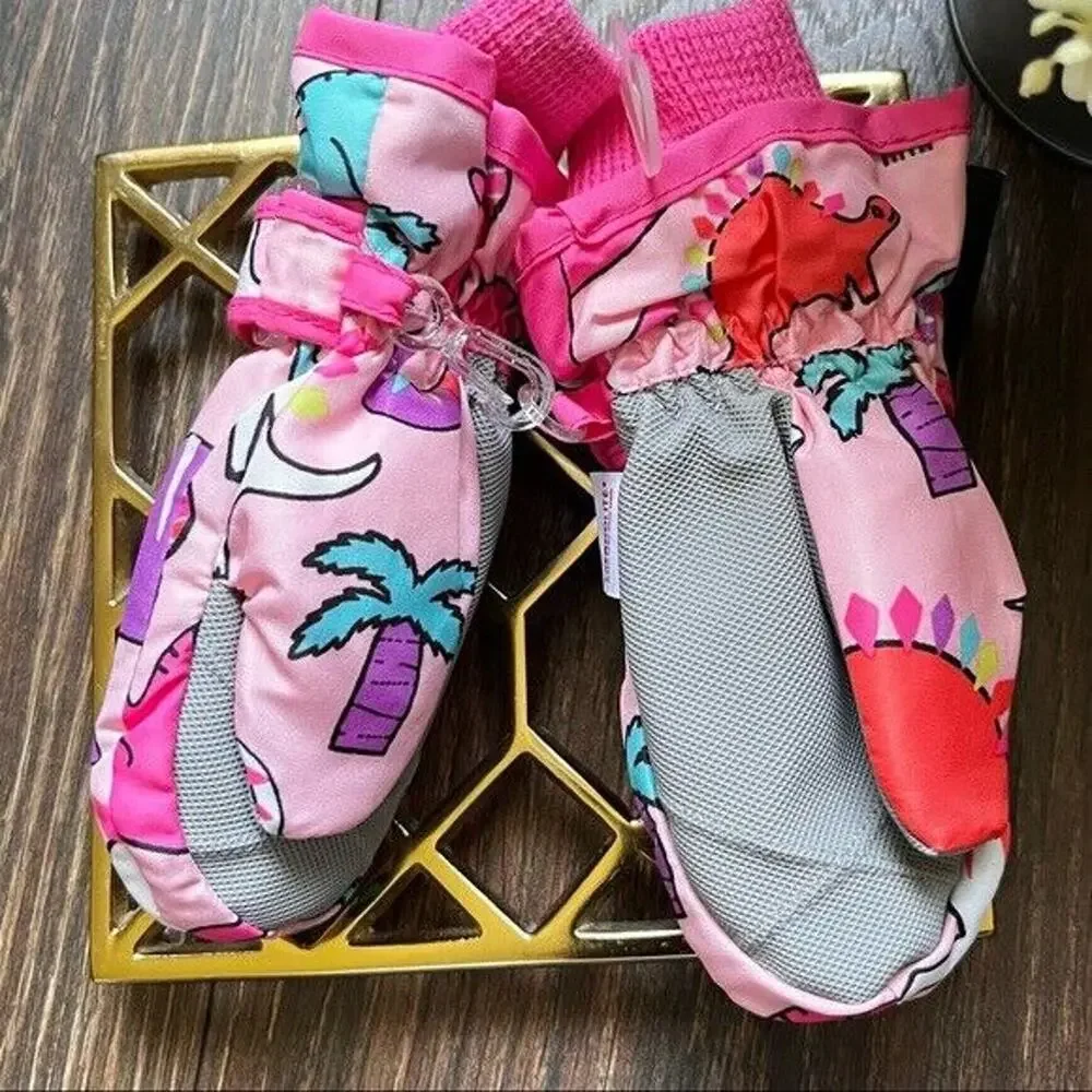 The Childrens Place Snow Gloves Sz 12 24M Pink Dino Print Fleece Lined Mittens